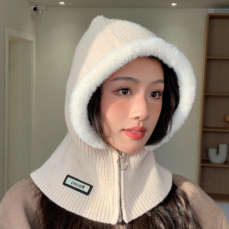 

Женская трикотажная флисовая теплая шапка, универсальная шапка-пуловер с шарфом, зимняя кепка для езды на велосипеде на открытом воздухе One size