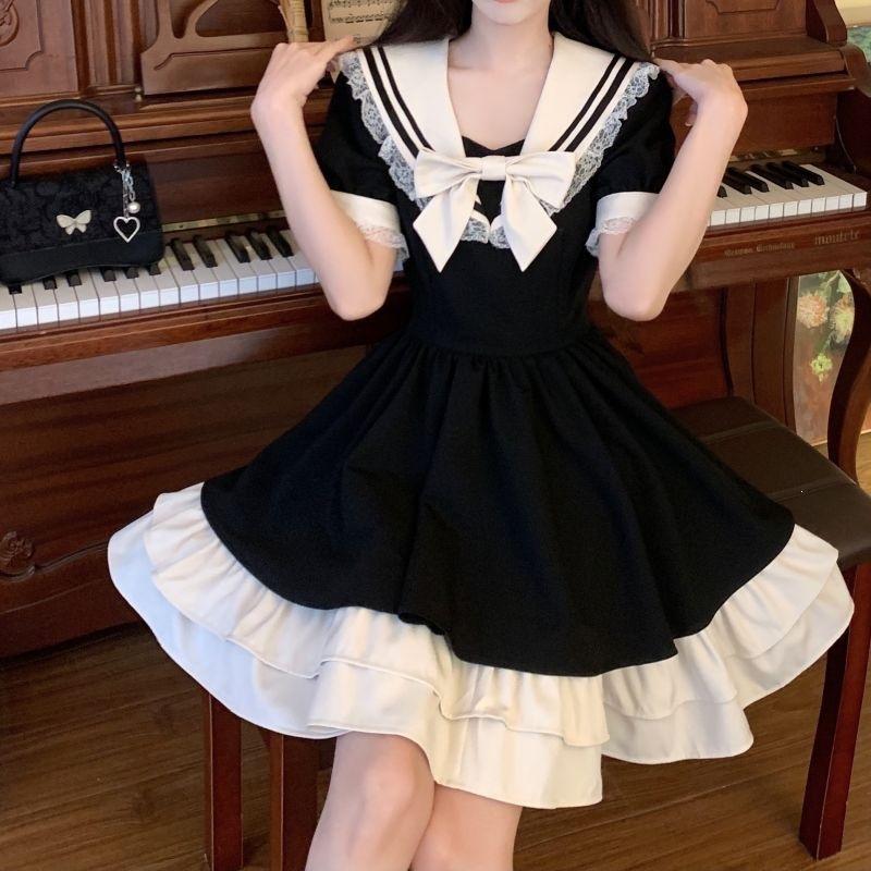 French college style splicing bow pleated color matching dress women's summer wholesale cake skirt short skirt
