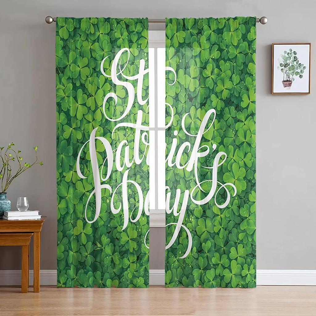 St Patrick Day Clover Lucky Leaves Voile Curtain Living Room Bedroom Kitchen Window Decor Tulle Chiffon Curtains Sheer Polyester Ideal For Area