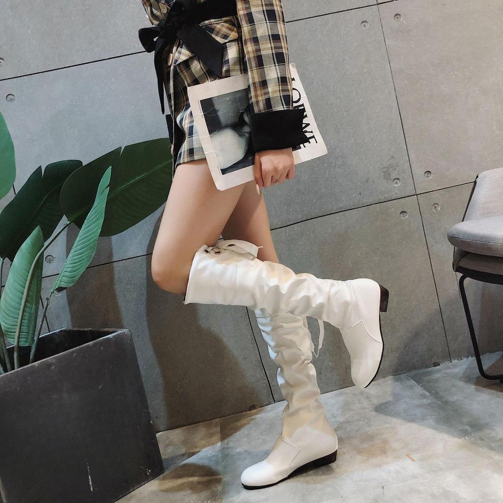 Long Boots, Square Heel, Pleated, High Top, Bow Tie, Knight Boots, Plus Size, Lace Up, Women's Boots