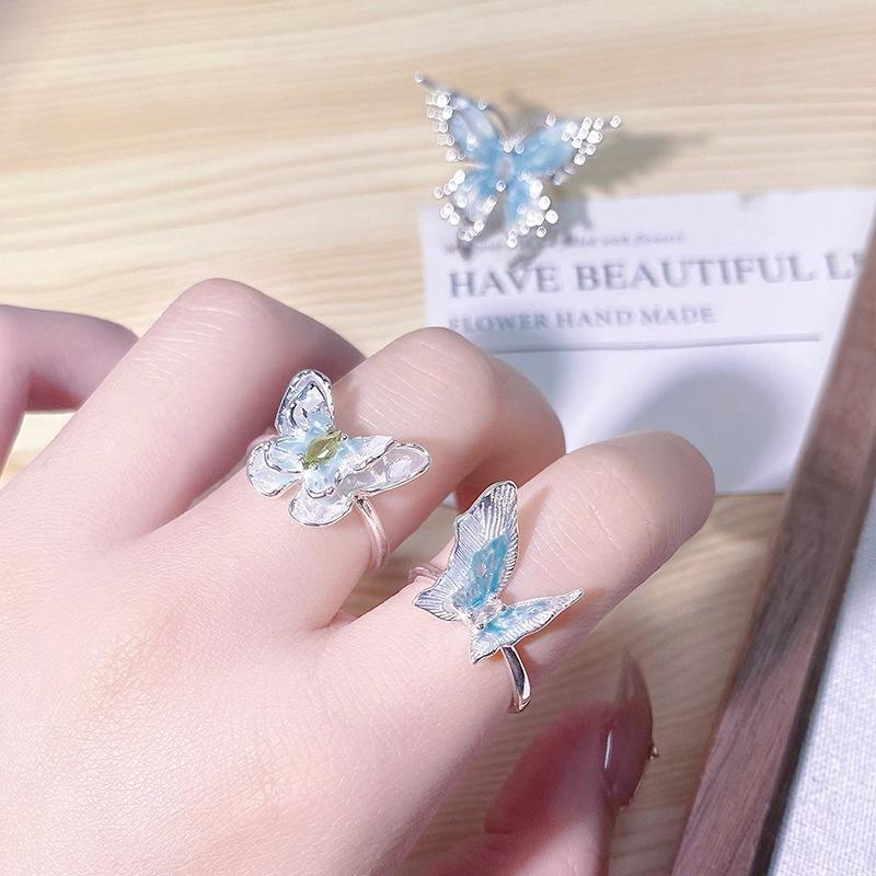Blue Breath Enamel Dripping Oil Liquid Butterfly Series Open Ring Niche High-End Light Luxury Irregular Ring