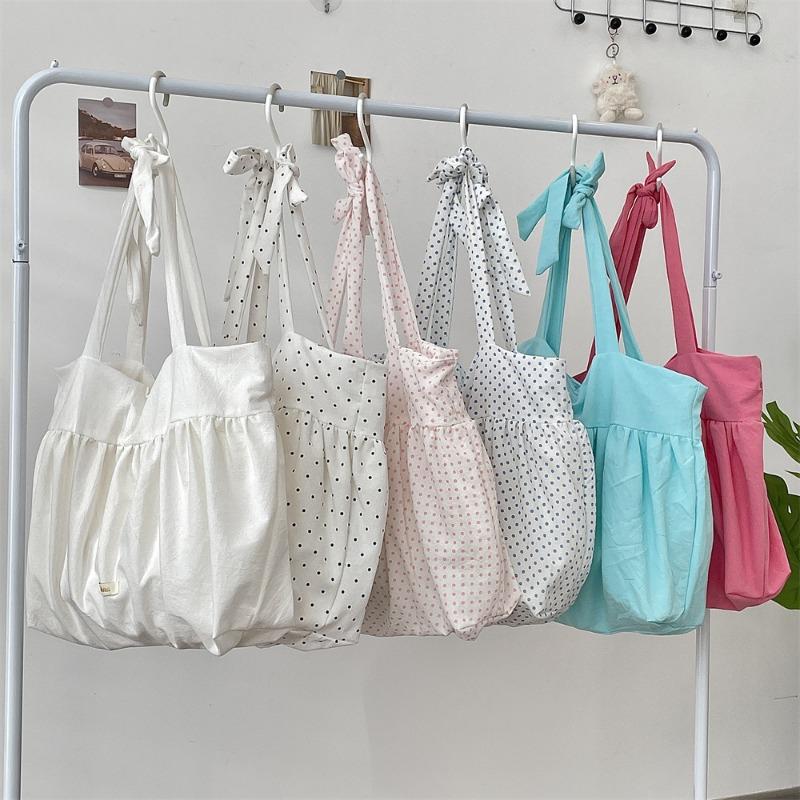 Pleated Retro Dot Women's Canvas Shoulder Bags Large Capacity Female Underarm Bag Solid Color Girls Travel Tote Purse Handbags