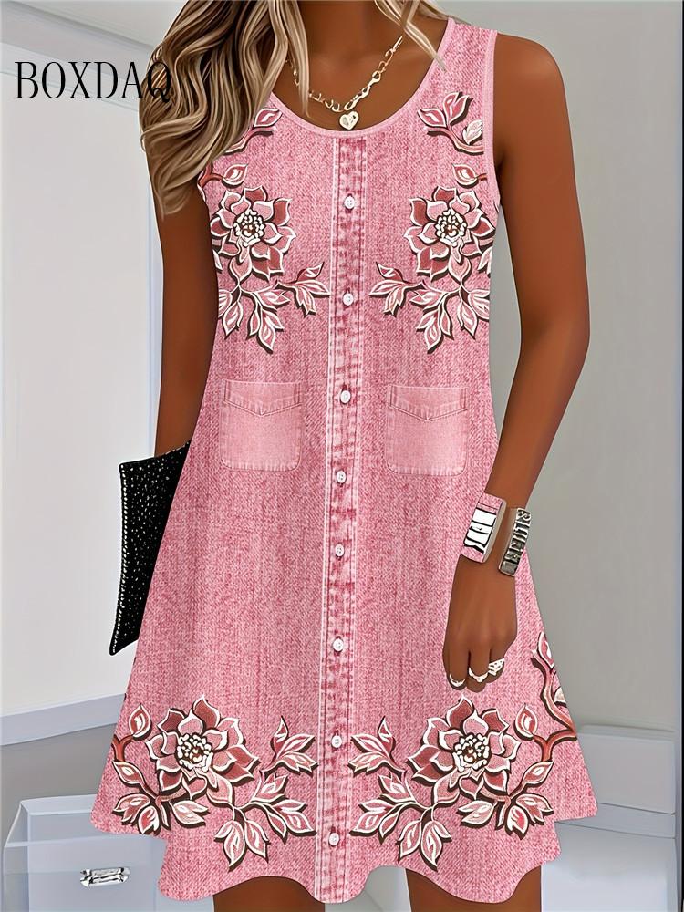 Women Summer Sleeveless Bohemian Dress Fashion Imitate Cowboy Vest Flowers Print Dress Casual Tank Beach Dresses For Women