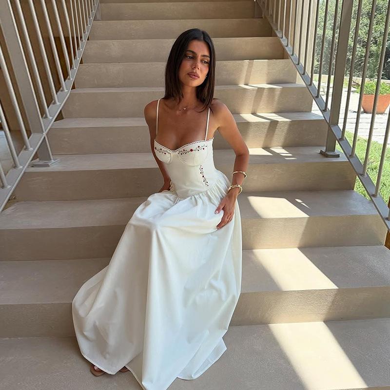 Dámské bílé šaty s dlouhým rukávem a výstřihem do V, elegantní bez rukávů, s vysokým pasem, peng plisovaným lemem, maxi róby 2025 nové párty klub dámské vestidos