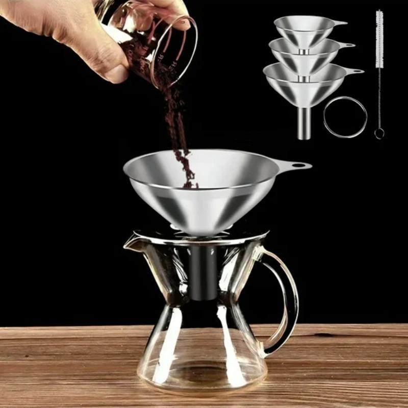 Stainless Steel Kitchen Funnel Set with Cleaning Brush for Transferring Honey Beverages Essential Oils and Other Liquids
