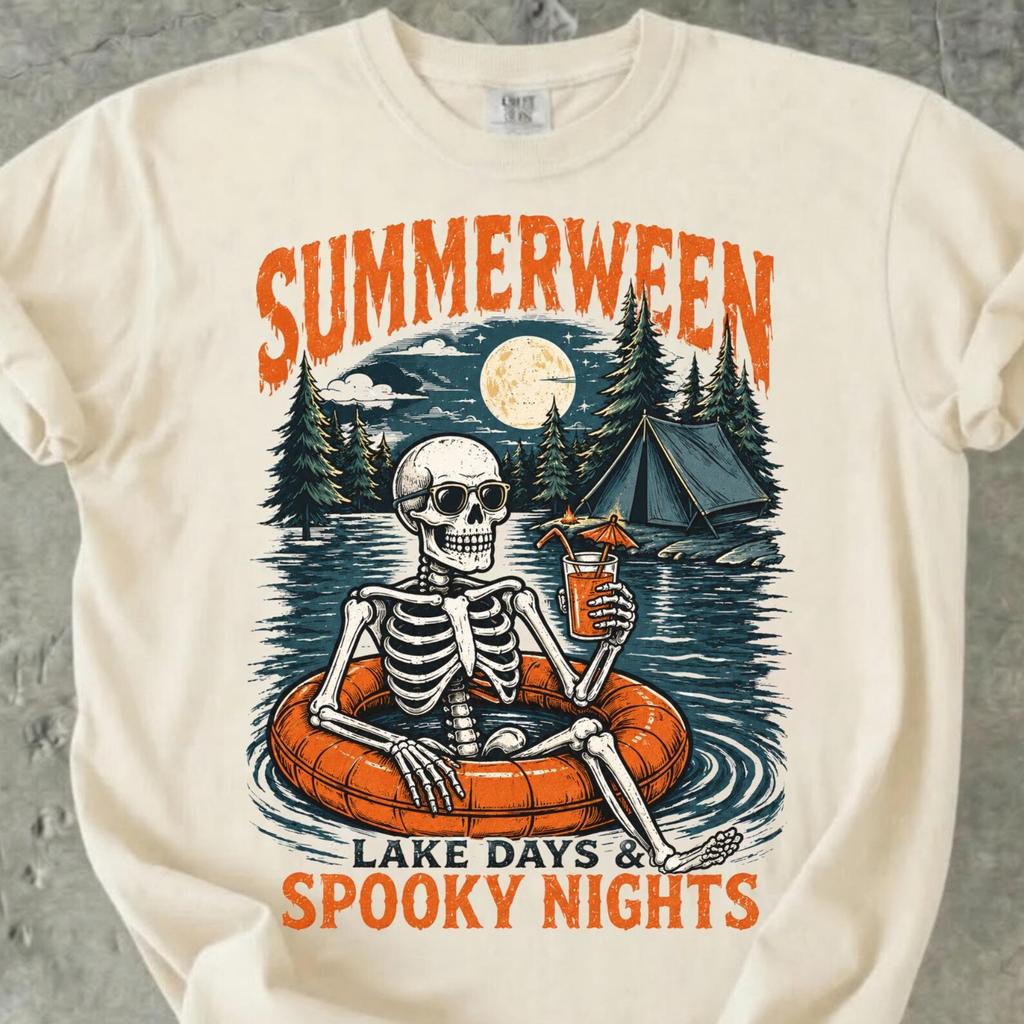 Summerween Comfort Colors Shirt, Lake Days Spooky Nights Tee, Halloween Camping T Shirt, Skeleton Lake Shirt
