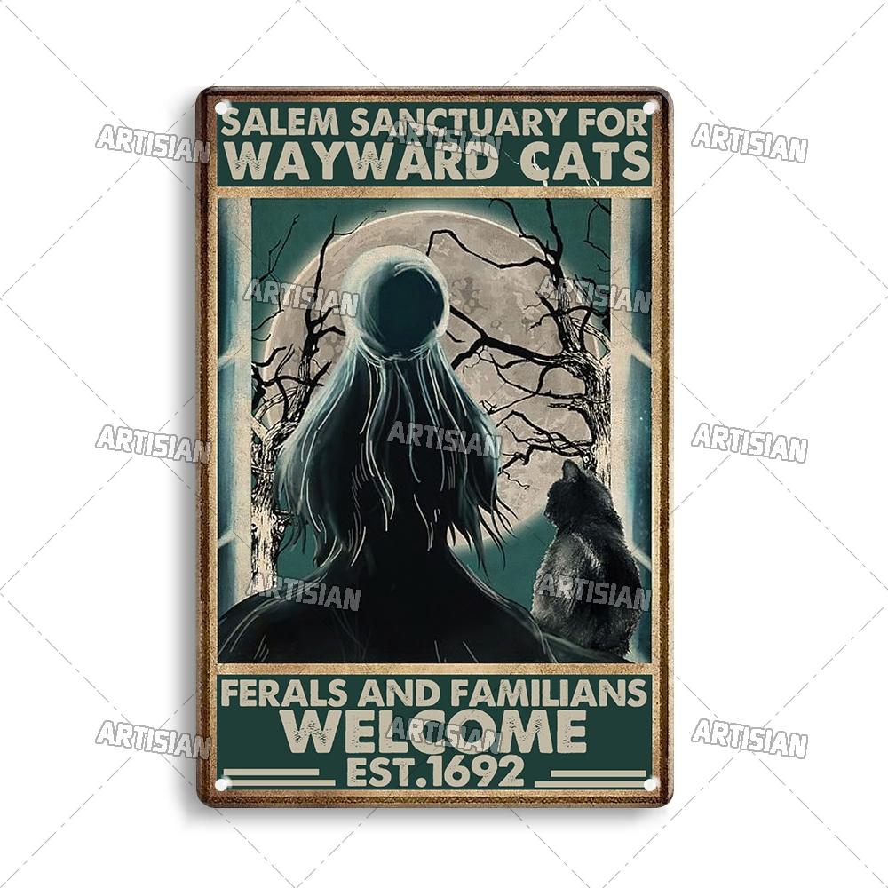 Artisian Halloween Metal Plaque Girl And Cat Tin Sign Black Cat Decorative Plate Wall Decor Garage Bar Pub Club Hotel Kitchen