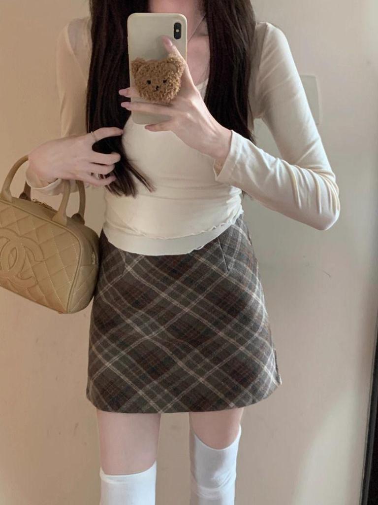 Damen Hochtaillierter Karierter Woll-Minirock - Retro A-Linie Wickelrock, Herbst/Winter Kollektion