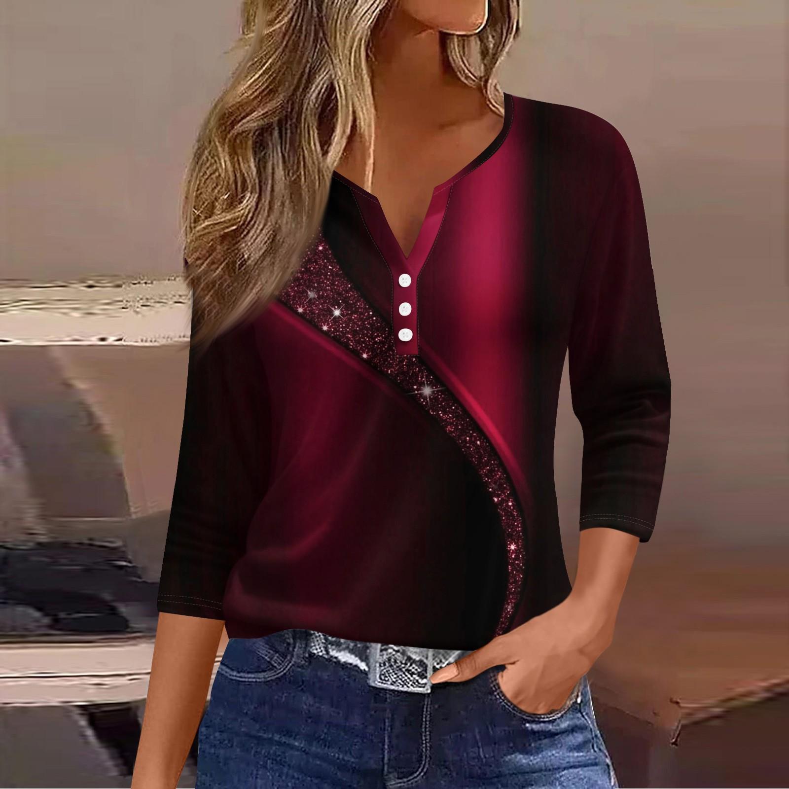 

Ladies Casual Fashion V-neck Loose Versatile Floral Print Three-quarter Sleeve Top XL червоний