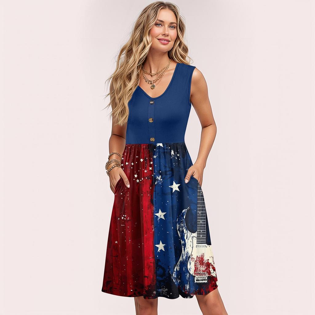 Damen Sommerkleider Ärmellos Lässig Locker Schwingend Knopfleiste Midi Sonnenkleid mit Taschen