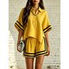 Damen Gestreiftes Poloshirt mit Besatz 2-teiliges Outfit Lockere Freizeitshorts Sommer Loungewear Set