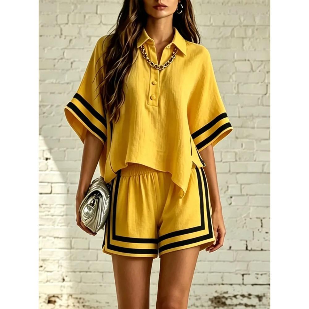 women s Striped Trim Polo Shirt 2 Piece Outfit Loose Casual Shorts Summer Loungewear Set S жёлтый