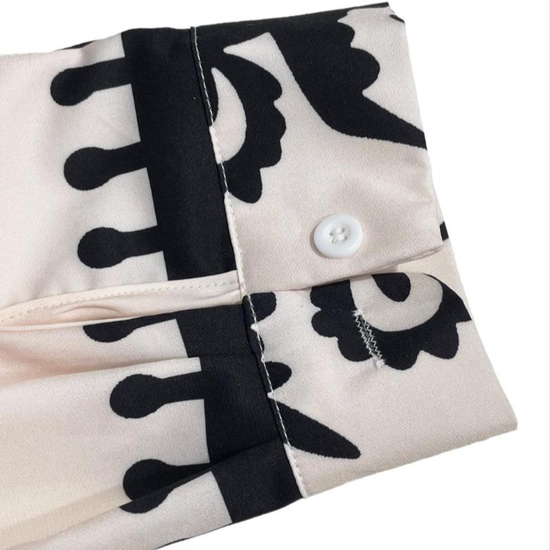 Mote Vintage Langermet Løse Hverdagskjoler Dame Knapper Revers A-linje Trykket Skjortekjole Dame Høy midje Snøring Lang Kjole Vår Ny 25892