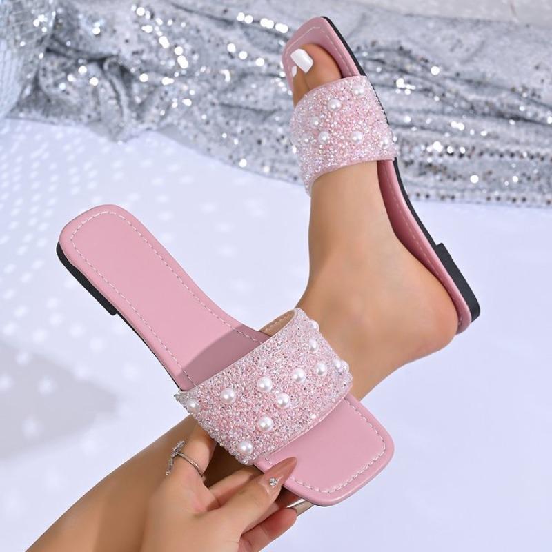 Women Slippers Elegant Crystal Pearl Flat Sandals Summer Square Toe Slippers Non-Slip Outdoor Shoes Woman Plus Size Slides Women