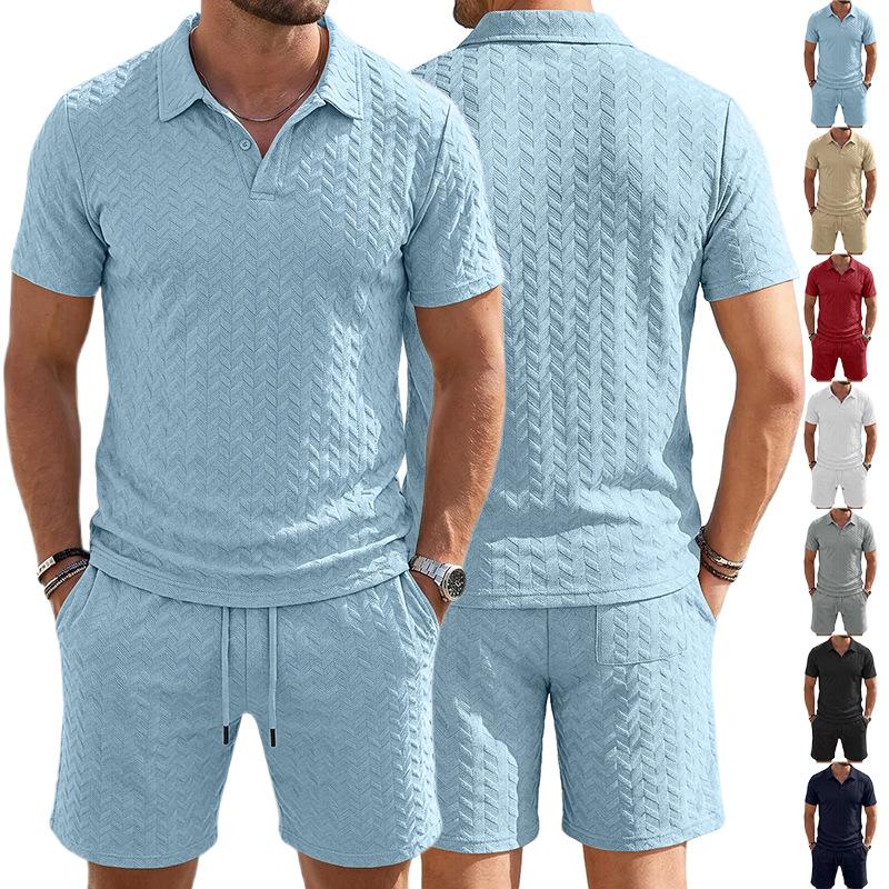 Summer New Men's Polo Shirt Set Casual Sporty Cool Fashionable Slim Fit Solid Color Short Sleeved Jacquard Shorts Set Men's