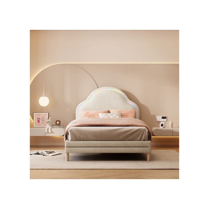 Lit simple - MUVOE - 90x200 cm - Tête de lit nuage - Velours beige - Bandes lumineuses multicolores