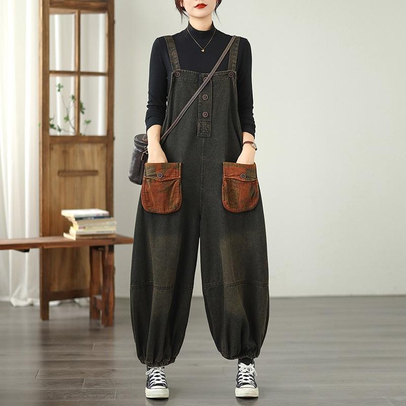 

большой размер винтажный с высокой талией повседневный свободный женский весенне-осенний джинсовый комбинезон джинсы широкие брюки комбинезон XXL