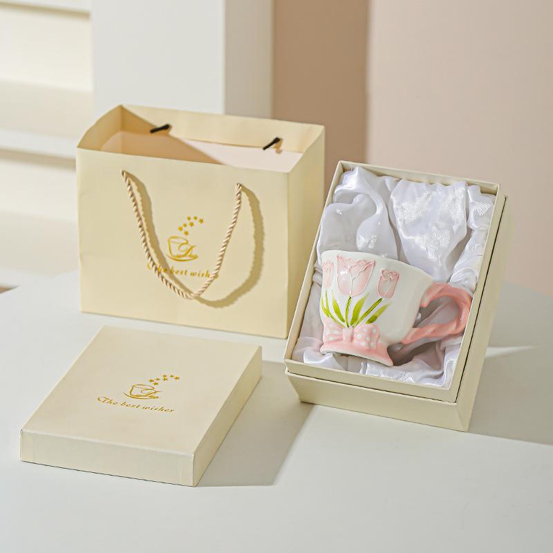 Tulip Ceramic Cup Hand Painted Relief High Looking Coffee Cup Mug Girl Heart Home Water Cup Souvenir