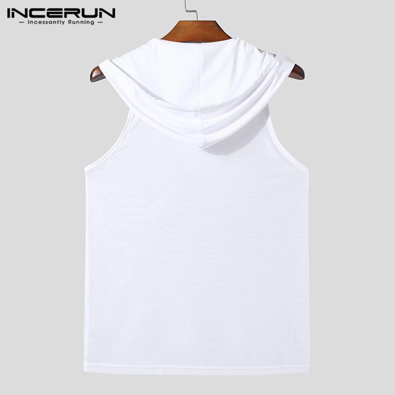 INCERUN Summer Men Drawstring Sleeveless Mesh Hooded Tank Tops