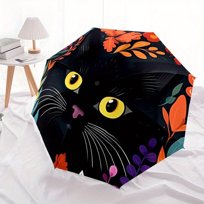 1pc Black Cat Illustration Automatic Folding Umbrella - 8-Rib Iron Frame, Windproof, Portable Sunshade with Plastic Handle for Travel & Outd