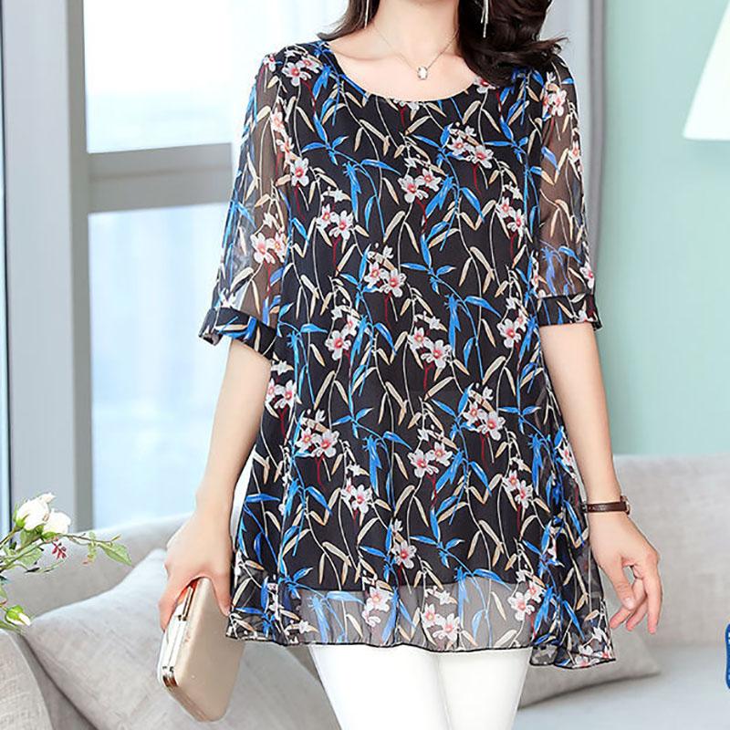 Damska letnia koszulka z krótkim rękawem, okrągły dekolt, damska bluzki, szyfonowa koszula, rękawy
