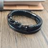 Stainless Steel Locomotive Chain Bracelets Gift for Him Husband Boyfriend Layered Black Leather Wristband Jewelry Homme Pulseras