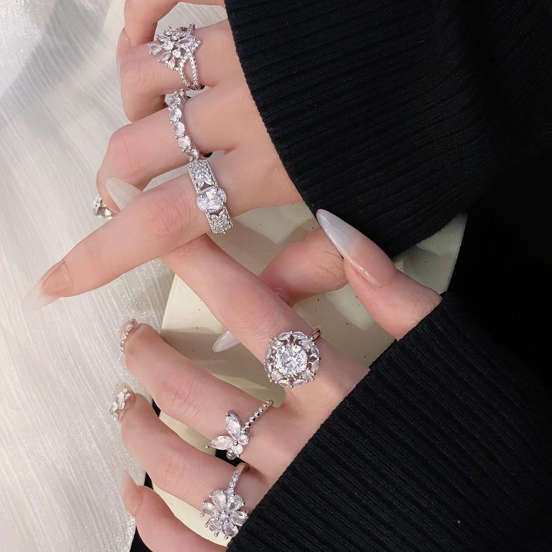 Crown White Diamond Zircon Temperament Retro Personality Adjustable Ring Open Ring Stacked Index Finger Ring