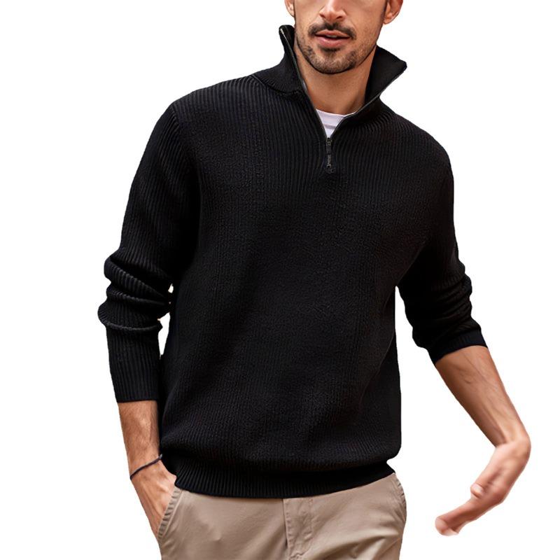 Men Long Sleeve Zipper Stand Collar Striped Thick Casual Polo Shirt