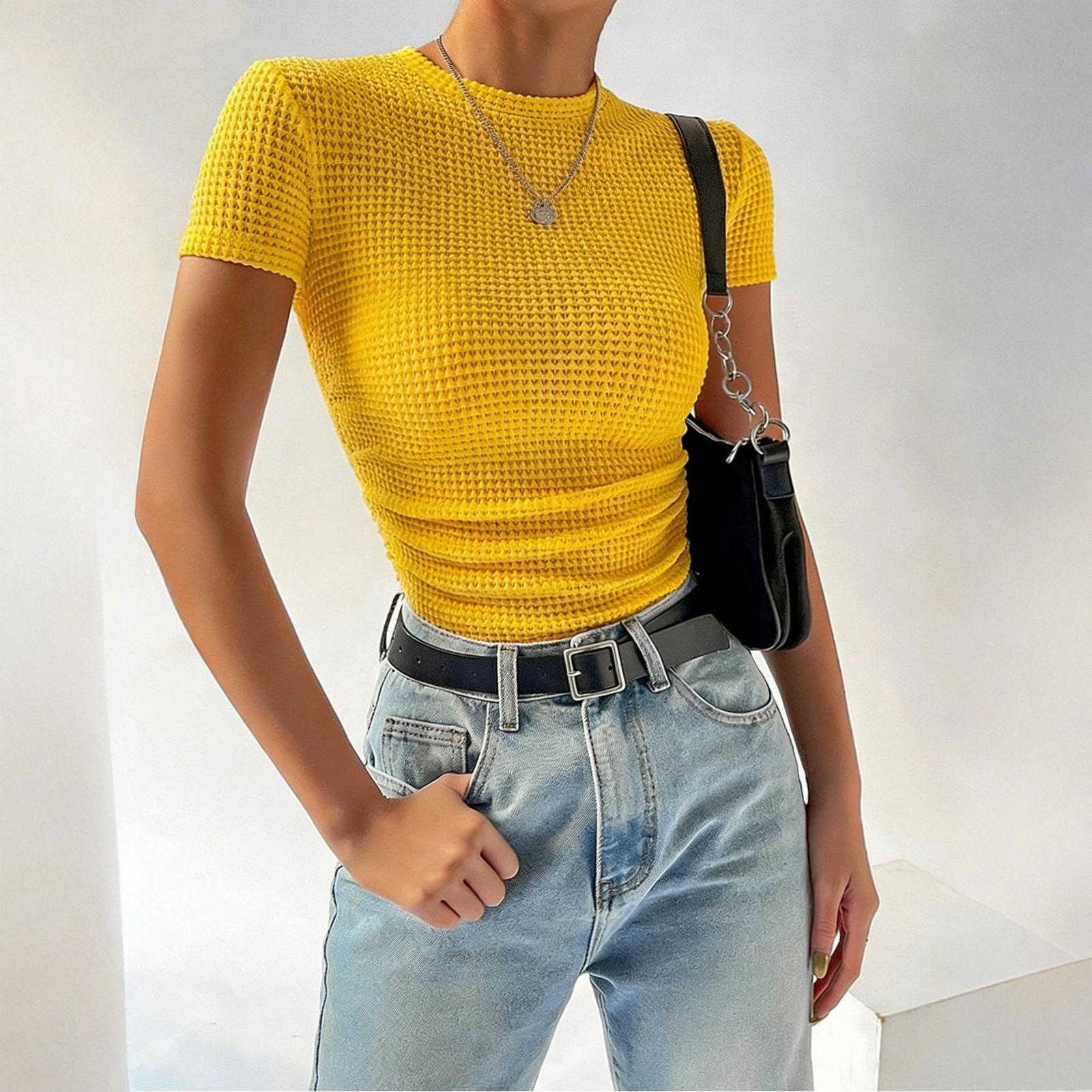

Women s Casual Round Neck Pullover Short-sleeved T-shirt Top S жовтий