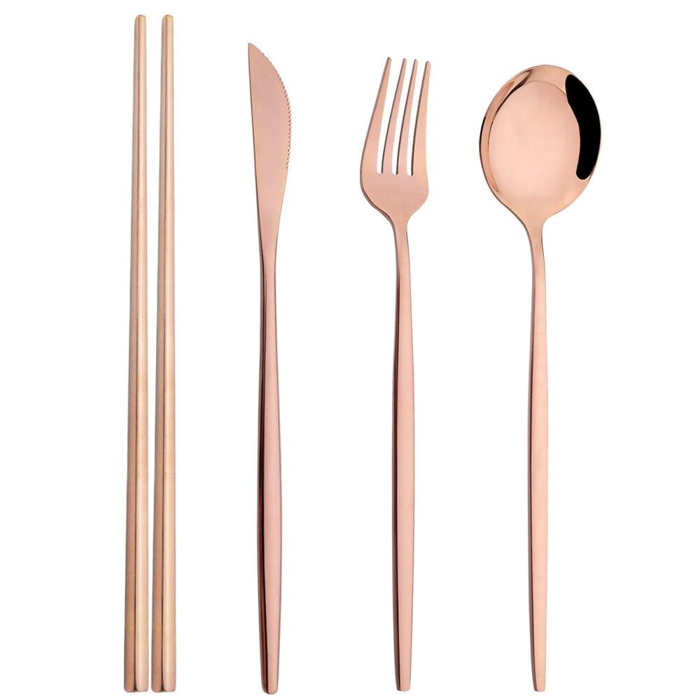 4Pcs Mirror Stainless Steel Tableware Gold Portable Dinnerware Knife Fork Spoon 304 Chopsticks Cutlery Set Western Flatware Set