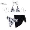 Floral Three-piece Bikini 3Pcs/Set Swimsuit Set Halter Chest Pads No Underwire Bra Swimming Briefs Personalized Print Sheer Trim Cover Up Skirt Split