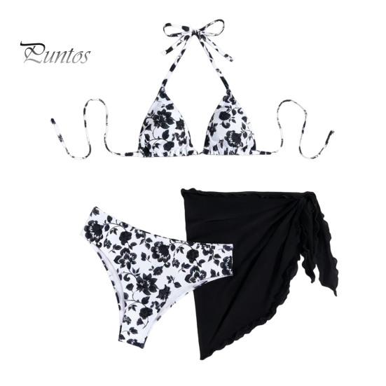 Floral Three-piece Bikini 3Pcs/Set Swimsuit Set Halter Chest Pads No Underwire Bra Swimming Briefs Personalized Print Sheer Trim Cover Up Skirt Split