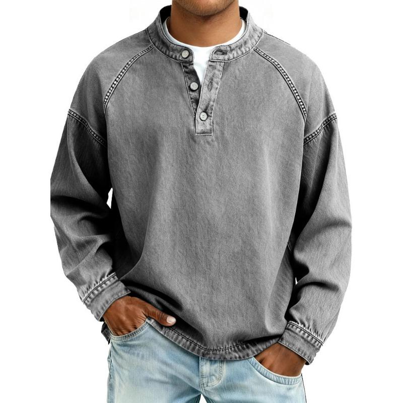 Men S Vintage Washed Stand Collar Long Sleeve Loose Solid Color Sweatshirt