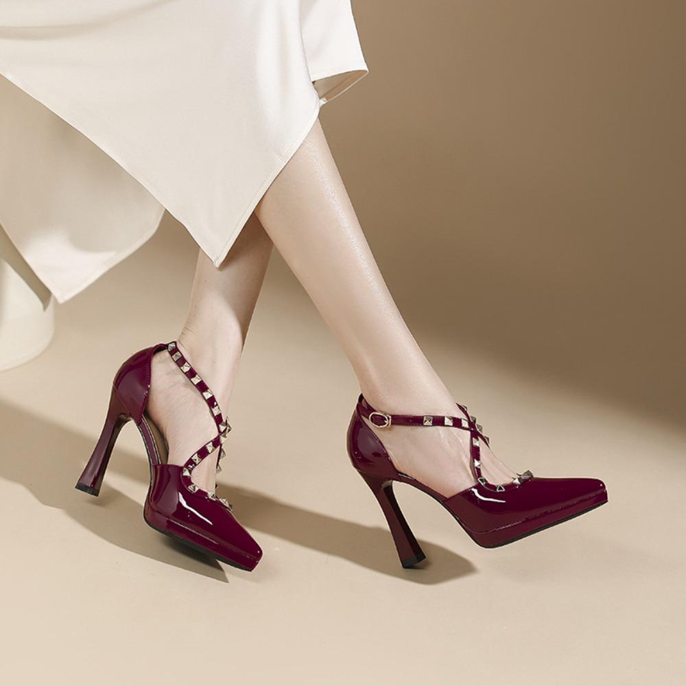 Heeled Sandals Sexy Rivet Pointed Stiletto High Heels Women's Waterproof Table Hollow High Heels Sandals Heels for Ladies 10cm