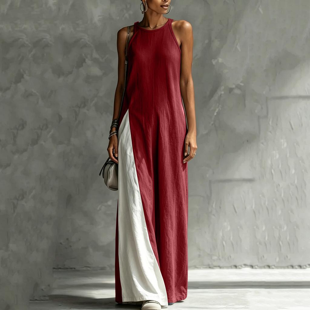 Women Sleeveless Loose Fit Maxi Dress with Pocket Color Block Design Casual Elegant Summer Long Dress