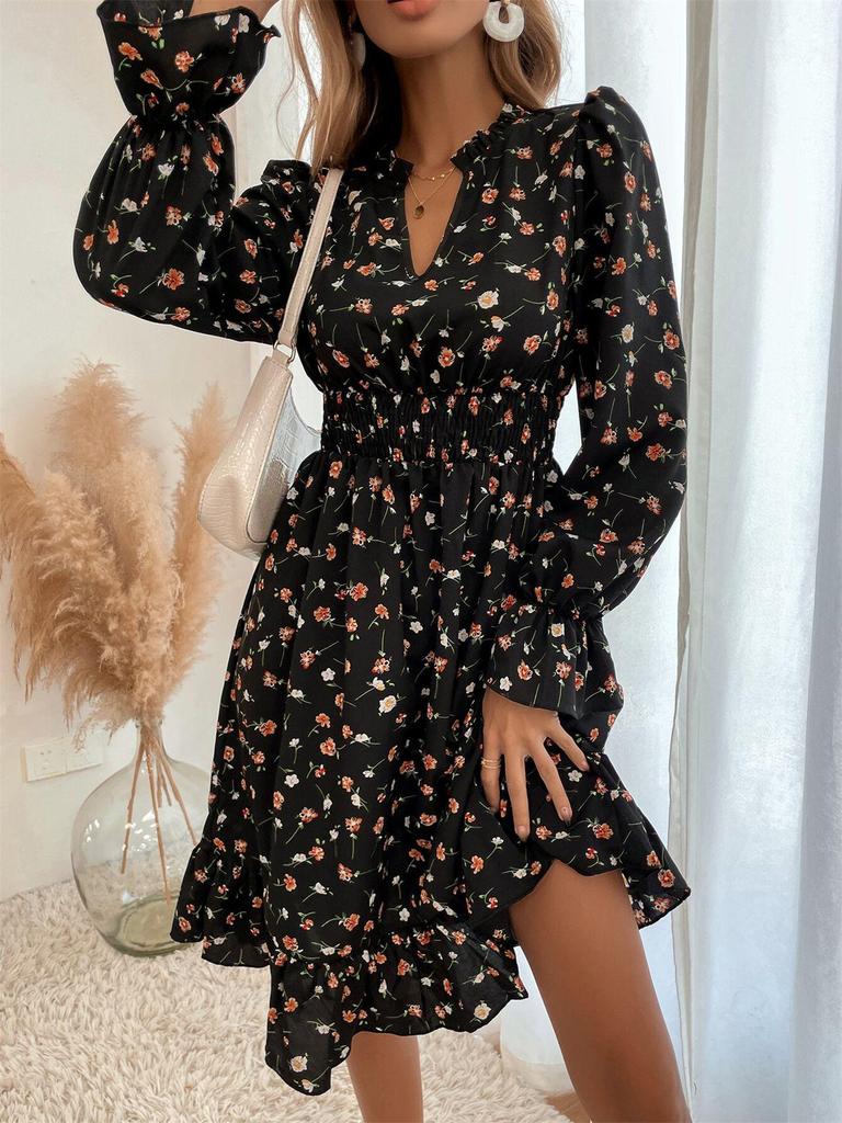 Elegant Floral Print Ruffle Dress - Slimming Waist, Notch Neck, Perfect for Spring and Autumn