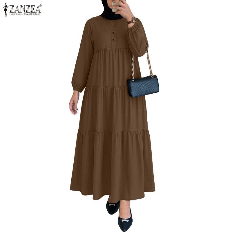 ZANZEA Women Casual Round Neck Solid Color Long Sleeve Long Dress