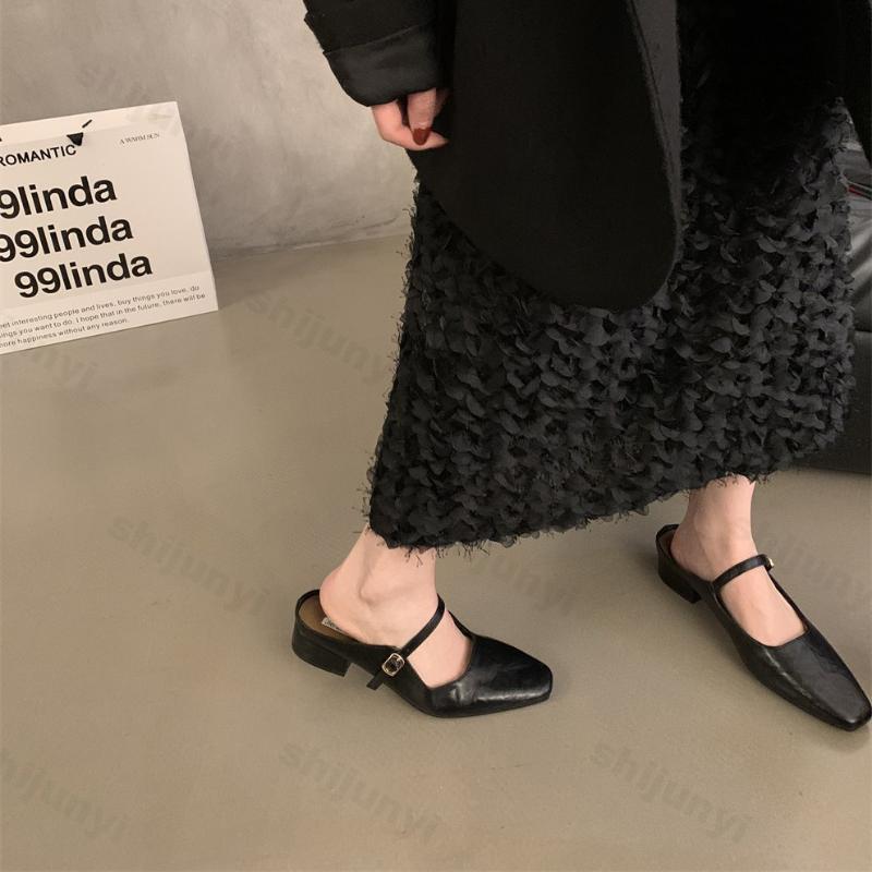 Women Design Silver Mary Jane Half Slippers Pointed Toe Sandals 2025 New Flip Flops Summer Casual Dress Mules Flats Shoes Slides