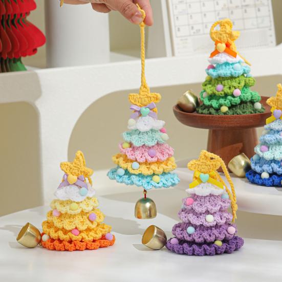 Knitted Christmas Tree Ornament Multi-Layered Mini Crochet Christmas Tree Hanging Decoration with Bell And Star Top Colorful Small Xmas Tree