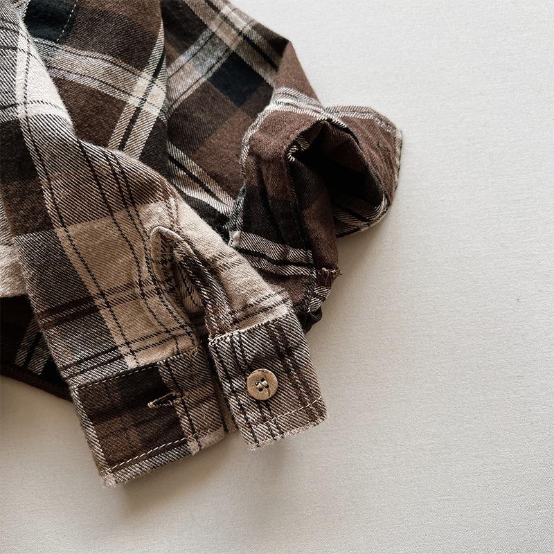 Kids Korean Style Retro Long Sleeve Plaid Shirt For Boys And Girls