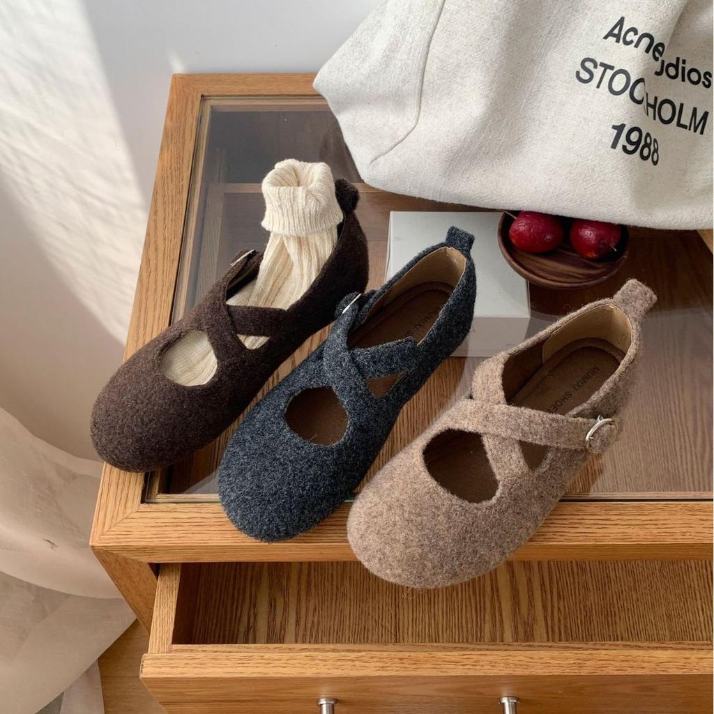 2025 Autumn and Winter New Round Head Lace-up Thick Sole Strap Ballet Woolen Fabric Doudou Non-slip Women's Single Shoes