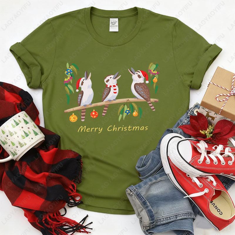 Womens Australian Kookaburra Bird Print TShirt Merry Christmas Australian Theme Tops Casual Blouse for Christmas Party Outfits