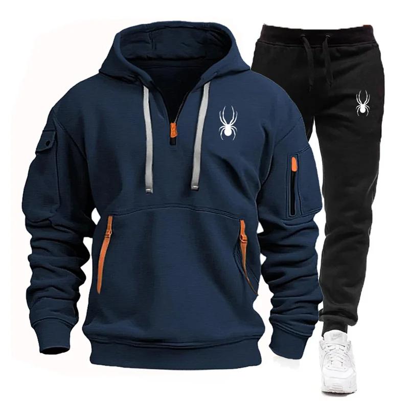 Frühling Herbst Herren Trainingsanzug Multi-Pocket Reißverschluss Hoodie + Jogginghose Zweiteilige Jogging Freizeit Fitness Sportbekleidung Sets