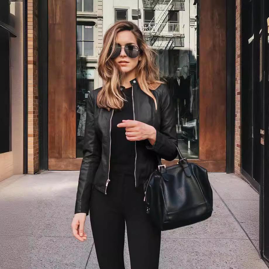 Dames Lente en Herfst Slim Effen Kleur Jas Opstaande Kraag Plus Size PU Leer Vrije Tijd Comfortabel Ritsjack