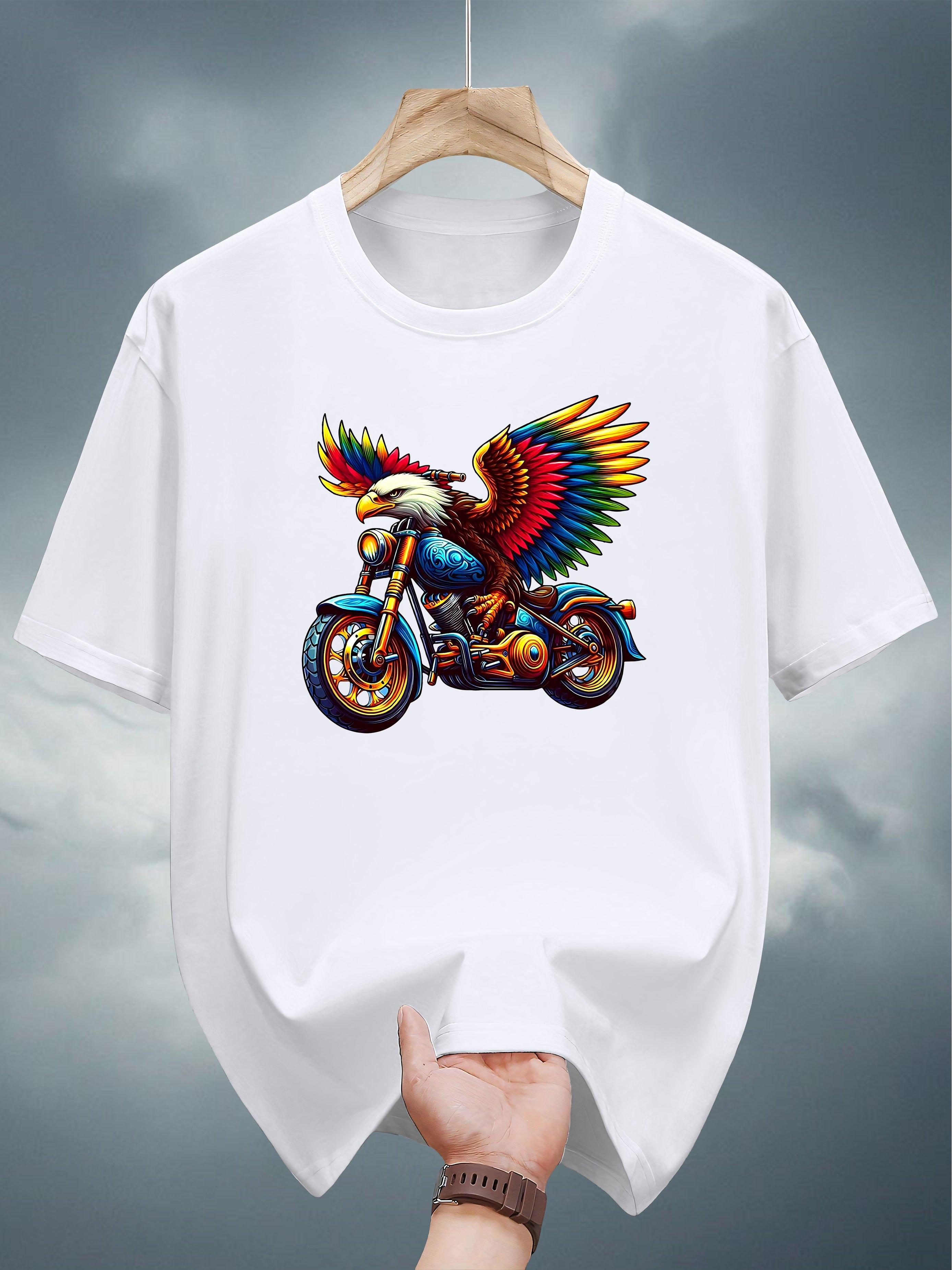 200g 100% Cotton Print Short Sleeve T-shirt - Vibrant Eagle & Motorcycle Design XXL
