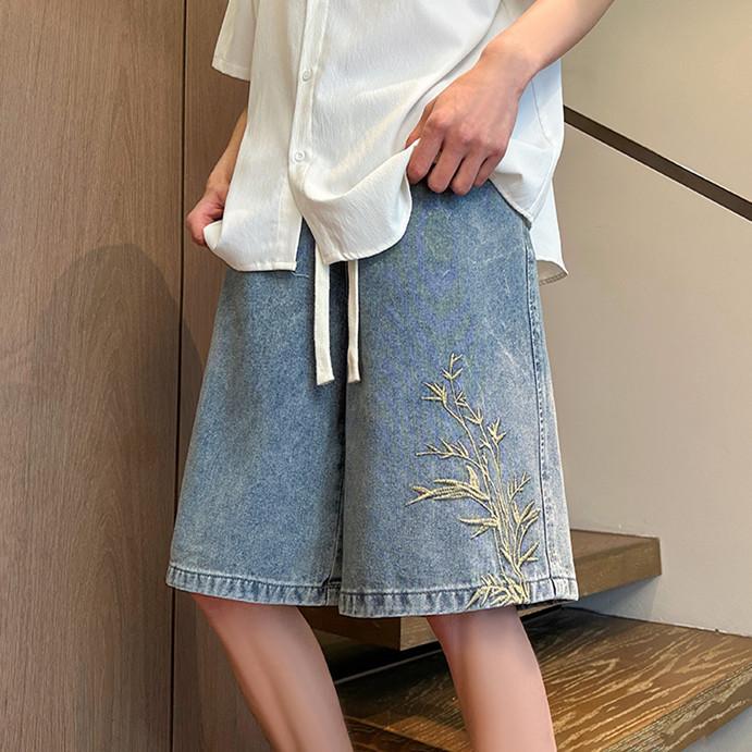 Summer Men  Embroidered Short Jean Pants Vintage Wide Leg Bermuda Hip Hop Streetwear Denim Shorts