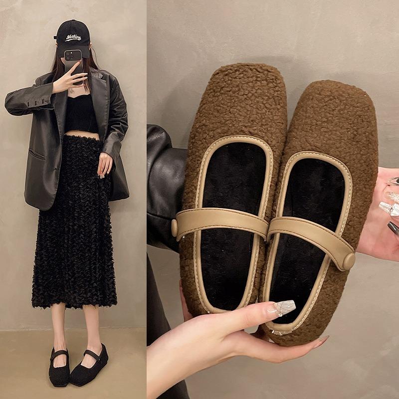 Autumn Winter French RetroTeddy Fur Mary Jane Women's Fur Flat Shoes Outerwear Simple and Fashionable Square Head Soft Loafers