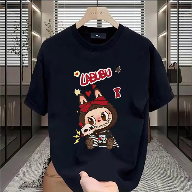 Polyester Fiber Material Fun Cartoon 3D Printing Labbubu Loose Short-sleeved T-shirt Round Neck Top Unisex