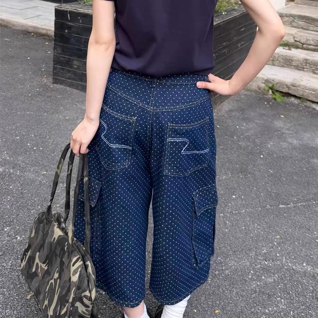 Oversized Loose Fit Denim Culottes Full of Polka Dot Embroidered Seven-point Jeans Men's and Women's Retro Loose and Versatile Wide-leg Tooling Shorts
