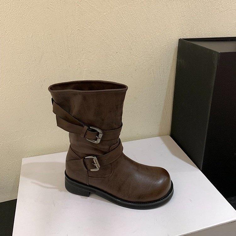 Medium Tube Knight Boots Large Tube Circumference Fashion Belt Buckle Boots Women's Folds Pile Thick Heel Retro Style New Thin